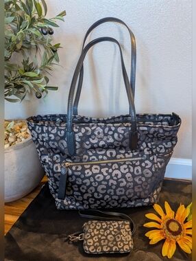 Kate Spade Chelsea Nylon Tote & Lanyard - Black Leopard W/ Metallic Gold AccentS